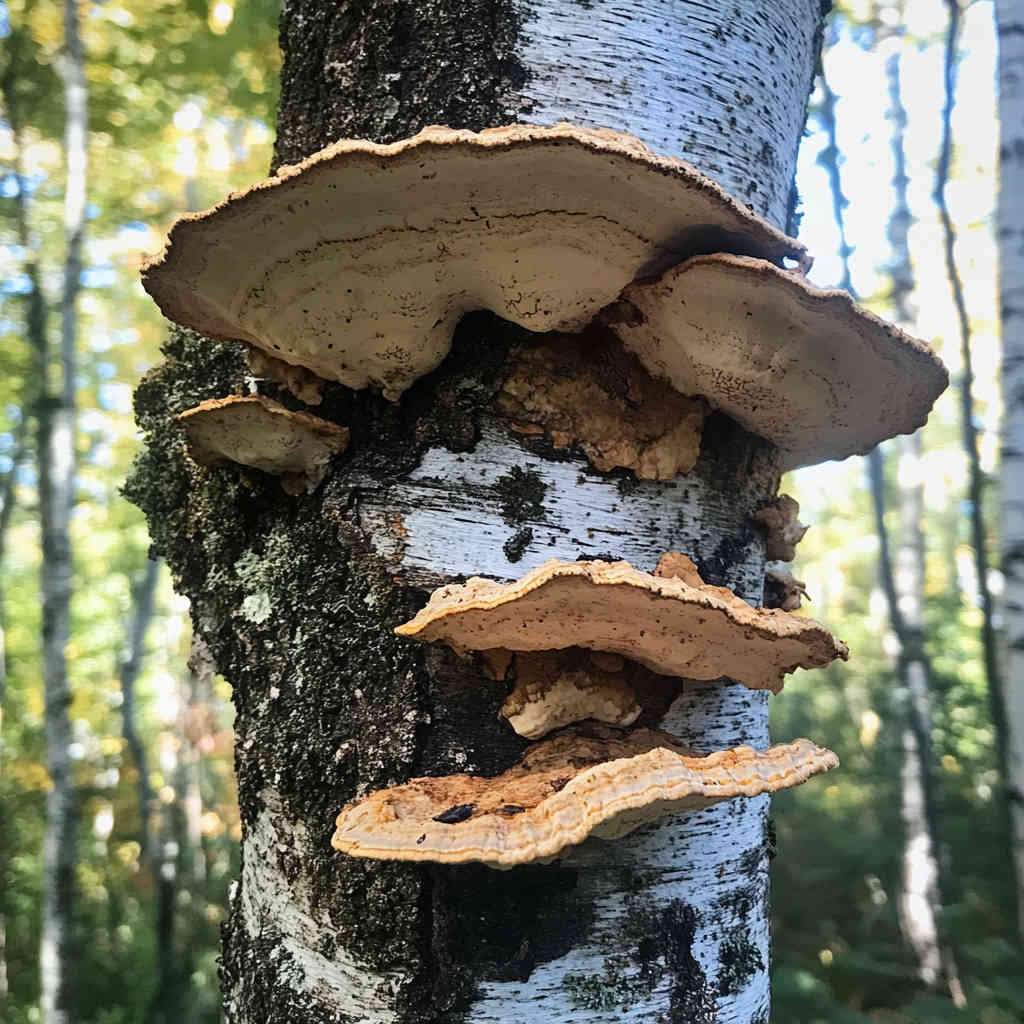Organic Chaga mushrooms on birch trees